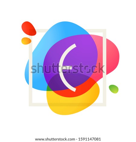 E letter logo in square frame at watercolor splash background. Color overlay style. Vector typeface for labels, headlines, posters, cards etc.