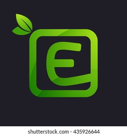 E letter logo in square and green leaves. 