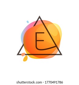 E letter logo in triangle frame at watercolor splash background. Color overlay style. Perfect vector icon for vintage design, funny watercolor posters, geometry labels, etc.
