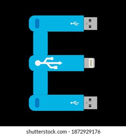 E Letter logo with USB cable isolated in vector illustration on black background. E letter simple or icon, Icon for Technology business or company.