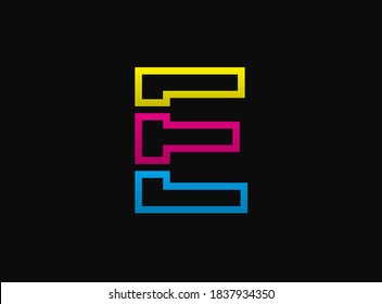 E letter logo, vector desing font .Dynamic cmyk split blue, pink, yellow color on black background. For social media,design elements, creative poster, web template etc.