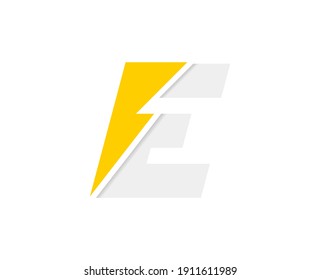 E letter logo, vector font with lightning flash power icon
