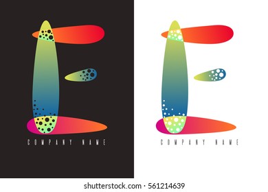E - letter logo. Vector logotype design made with abstract colorful shapes on black and white background. Abc alphabet design for corporate identity