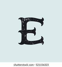 E letter logo. Vintage decorative slab serif with rough grunge texture. Vector font for western, sport or historical labels, posters etc.