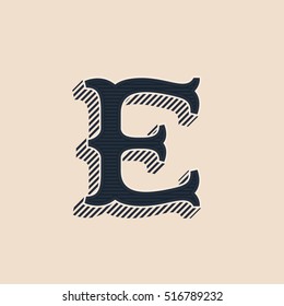 E letter logo in vintage western style with lines shadow. Vector font for labels, posters etc. 