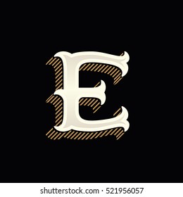 E letter logo in vintage western style with lines shadow. Vector font for barber shop labels, sport posters, jewelry cards etc.