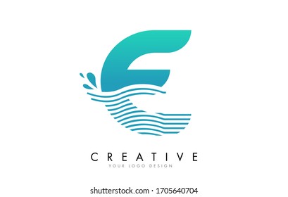 E Letter Logo with Waves and Water Drops Design Vector Illustration.