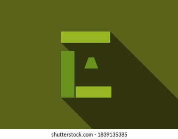 E Letter with long shadow, green colors cutting style. For logo, brand label, design elements, corporate identity, application & more. Vector editable illustration.