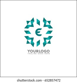 E letter luxury font identity, designed using green triangle geometric shape. on white background, sign ,logo, symbol, icon, graphic, vector.