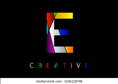 E letter in many colors with broken glass effect. Shattered letter with falling pieces vector illustration for logo, monogram, label, cover, emblem, company name, glass business, firm sign or web page