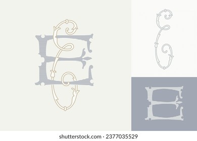 E letter marriage monograms for bride and groom names. Wide and Narrow capitals. Initials with thin swirled lines and lush foliage patterns. Perfect for wedding, anniversary, birthday invitation.