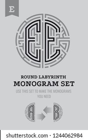 E letter maze. Set for the labyrinth logo and monograms, coat of arms, heraldry.

