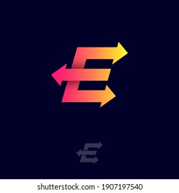 E letter. E monogram with arrows, isolated on a dark background. Logo can used for delivery and logistic company, mail and transportation.