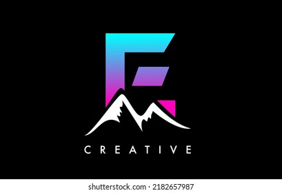 E Letter Mountain Icon Logo Design. Letter E with Mountain Peaks and Colorful Vibrant Shape Vector Illustration.