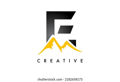 E Letter Mountain Icon Logo Design. Letter E with Mountain Peaks and Black Yellow Shape Vector Illustration.