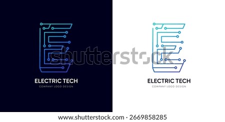 E letter network logo design for electric tech innovation. Futuristic typographic connectivity logo, Cyberspace electronic technology corporate brand vector. gradient cyber text line stripes.