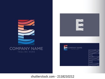 E letter with ocean waves and sunset beach vibes. Font style, vector design template elements for your travel, tour, vacation, and summer party corporate identity.