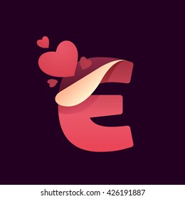 E letter with paper folded corner and hearts. Vector paper style typeface for st. Valentine's day. Red letter icon for card, app icon, corporate identity, label or poster.