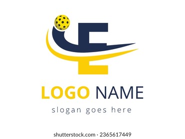 E Letter with with Pickleball Sports Logo Concept With Moving Pickleball Club Symbol. business, and company identity
