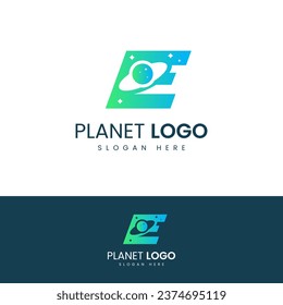 E Letter Planet Logo Design Vector Template