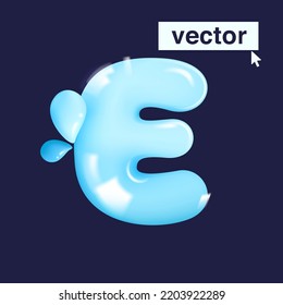 E letter pure water logo in realistic 3D and cartoon balloon style. Glossy eco blue vector illustration. Perfect for watercolor splash banners, organic emblems, healthy food packaging design.