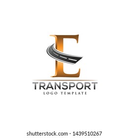 E letter road construction creative symbol layout. Paving logo design concept. Asphalt repair company sign idea.