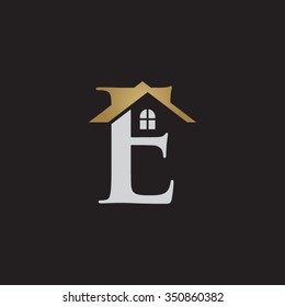 E letter roof shape logo gold black background