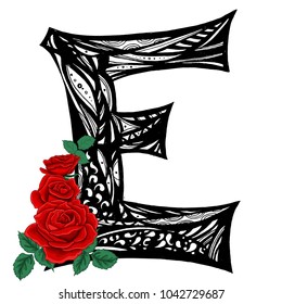E letter and Roses. Uppercase. Vector illustration. Doodle style. Floral alphabet