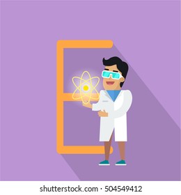 E letter and scientist with electric field sign. Human characters in white gowns with scientific equipment. Alphabet series with people. Physical experiment conduction. Educational concept. ABC vector