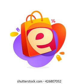 E letter with shopping bag icon and Sale tag. 