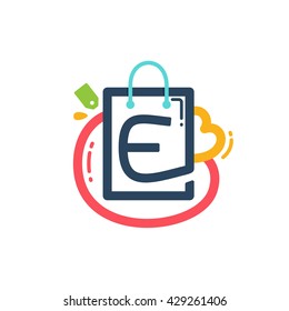 E letter with shopping bag and tag icon. Vector design element for tag, card, corporate identity, label or poster.