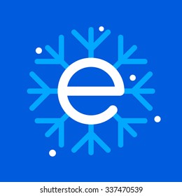 E letter with snowflake icon on the blue background. Design template elements for your application or corporate identity.