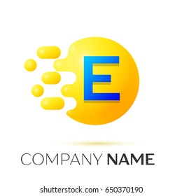 E Letter splash logo. Yellow dots and circle bubble letter design on grey background. Vector Illustration
