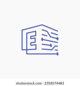 E Letter Tech Electric Circuit cube block Logo Outline Vector Icon Illustration