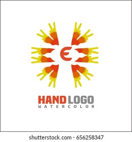 E letter unity Abstract Vector Sign, Symbol or Logo Template. Hand Shake Concept.