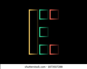 E letter vector design,  font logo. Red, green, yellow color on black background. For social media,design elements, creative poster, web template and more
