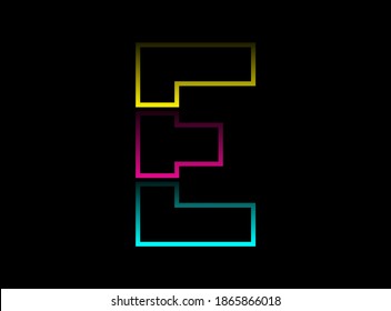 E letter vector desing, Cmyk color font logo. Dynamic split blue, pink, yellow color on black background. For social media,design elements, creative poster, web template and more      