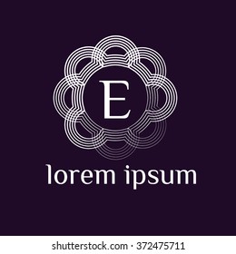 E letter vector logo with circles calligraphic borders (icon, sign, symbol, monogram)