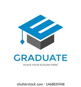 E Letter vector template logo with student hat symbol. This graduate logo is creative and can be used for education, degree, study, diploma.