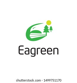 E letter, view Panorama, tree, sun and an eagle bird on the negative space idea logo design vector icon illustration