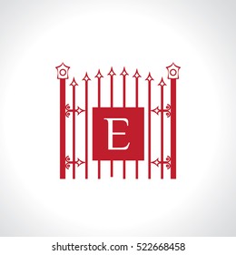 E letter vintage fence vector logo design template. Vintage Luxury Gate Logo