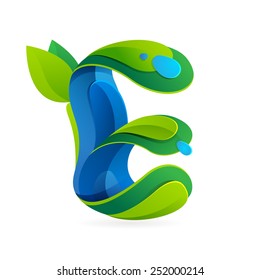 E letter volume ecology logo, leaves and water drops vector design template elements