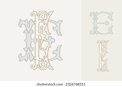 E letter wedding monogram creator kit. Elegant historical style alphabet for party invitations. This set includes Wide and Narrow capitals for your own emblem. Find full set in my profile.