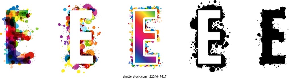 E letters with rainbow and black paint splash decorative elements. Colorful E letter emblems collection. Vector illustration in artistic style.