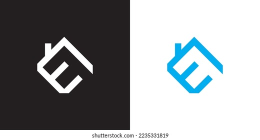 E logo design is intended for construction, building, real estate, home, and property. An awesome trendy and minimal E home logo design template with black and blue colors.