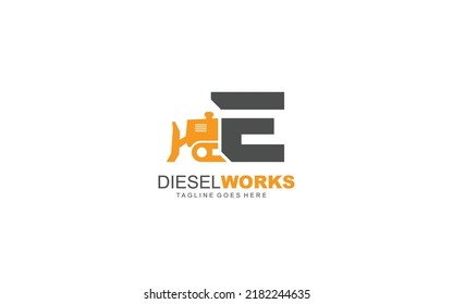 E logo dozer for construction company. Heavy equipment template vector illustration for your brand.