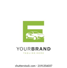 E logo with electric car illustration for your brand