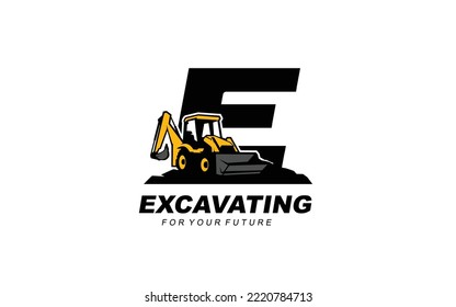 E logo excavator for construction company. Heavy equipment template vector illustration for your brand.