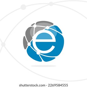 E logo with a globe with a network behind it