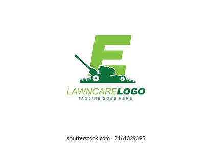 E logo lawncare for branding company. mower template vector illustration for your brand.